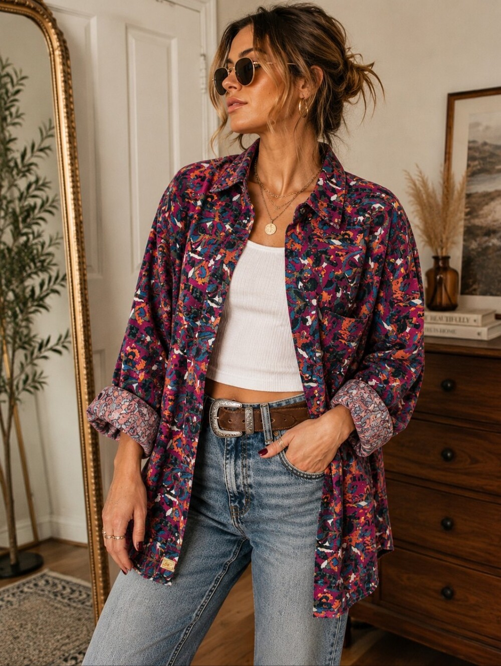 Vintage 90s Boston Traders Corduroy Floral Shirt Oversized Boho Button Down
